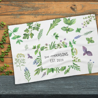 Linge De Cuisine Herbes Épices Aquarelle Nom de Famille Personnalis