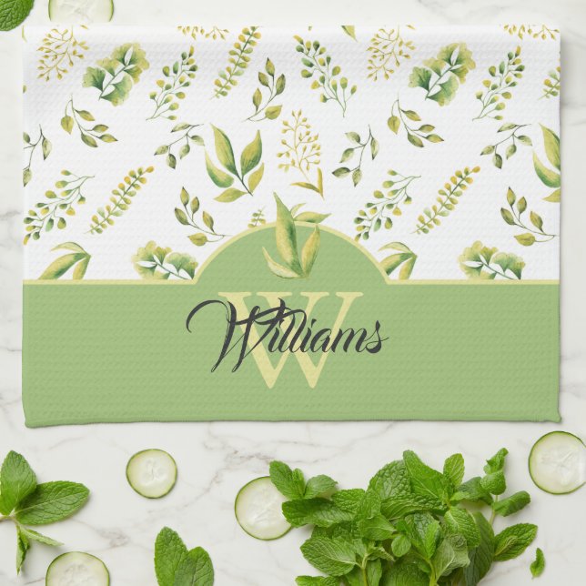 Linge De Cuisine Herbes vertes Motif Monogramme sur blanc (Plié)