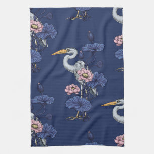 Linge De Cuisine Héron dans le jardin de lotus rose sur fond bleu d