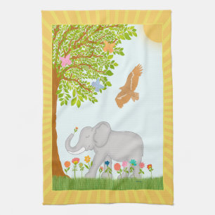 Linge De Cuisine Heureux éléphant chanceux jouissant de fleurs et d