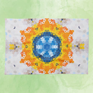 Linge De Cuisine Hex Mandala bleu jaune orange et blanc