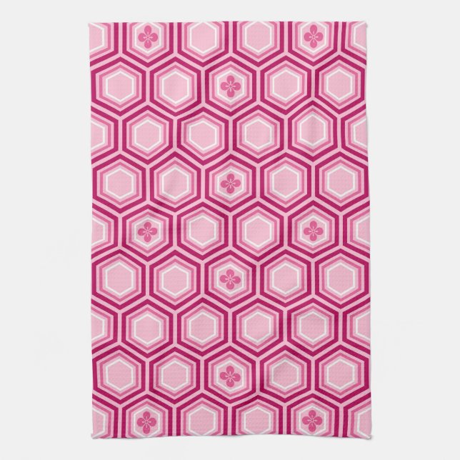 Linge De Cuisine Hexagonal Kimono Imprimer, Bourgogne et rose (Vertical)