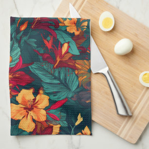 Linge De Cuisine Hibiscus coloré, Jaune Orange Vert Floral