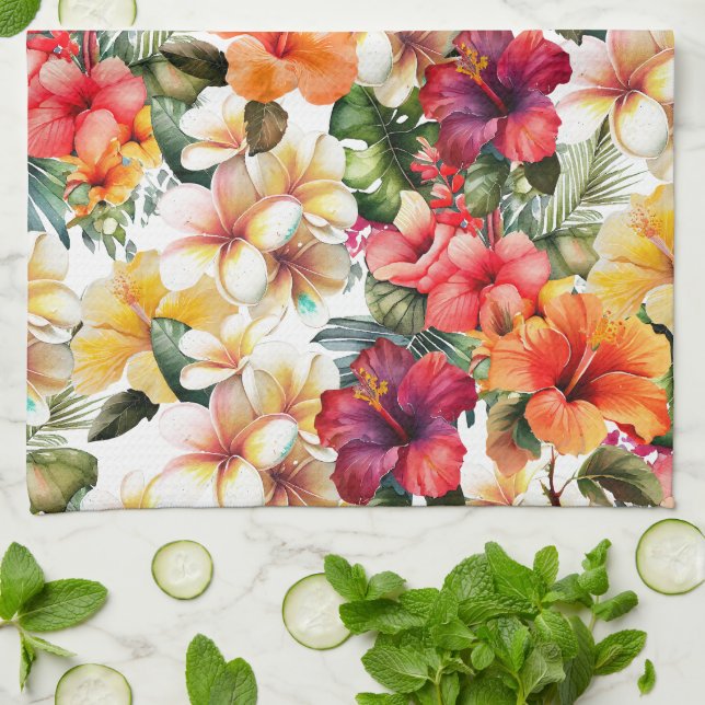 Linge De Cuisine Hibiscus floral rouge tropical blanc jaune (Plié)