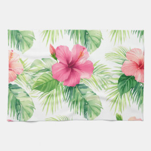 Linge De Cuisine Hibiscus rose tropical palmier aquarelle