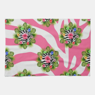 Linge De Cuisine Hibiscus tropical et rayures exotiques de zèbre ro