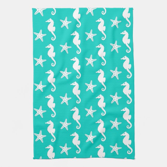 Linge De Cuisine Hippocampe et étoile de mer - blanc sur turquoise (Vertical)