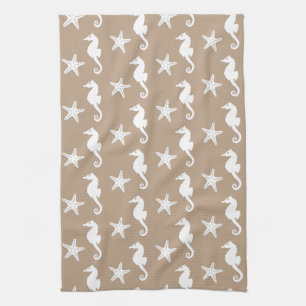 Linge De Cuisine Hippocampe et poisson-étoiles - blanc sur taupe