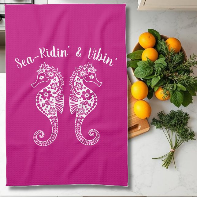 Linge De Cuisine Hippocampe-Hawaï-pêcheur Coeur rose (Sea Horses-Fisherman Core-Hawaiian Style-Tropical-Kitchen Towel-Pink)