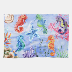 Linge De Cuisine Hippocampes et étoiles de mer avec motif de coraux