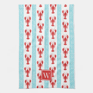 Linge De Cuisine Homard Prépa Clé Grecque Monogramme Rouge & Turquo