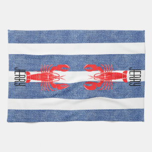 Linge De Cuisine Homard rouge sur Bleu Blanc Denim Stripes