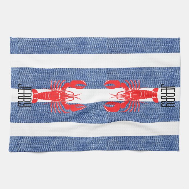 Linge De Cuisine Homard rouge sur Bleu Blanc Denim Stripes (Horizontal)