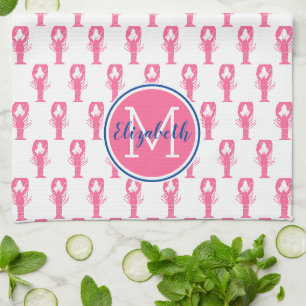 Linge De Cuisine Homards roses sur blanc avec Monogramme de marine