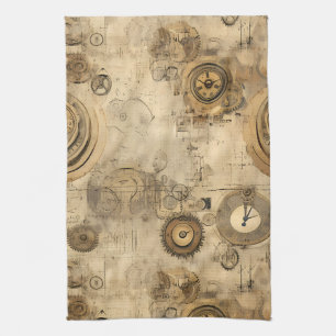 Linge De Cuisine Horloges et engrenages mécaniques Steampunk Sépia