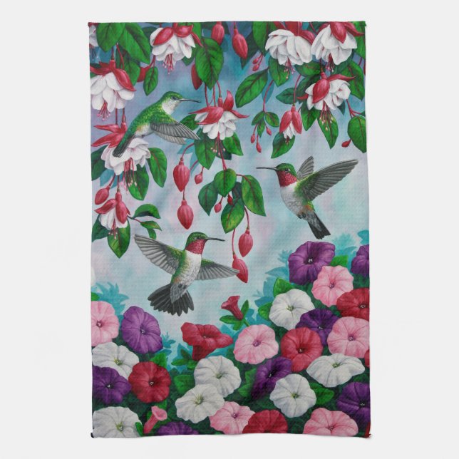 Linge De Cuisine Hummingbirds à Fuchsia Flower Garden (Vertical)