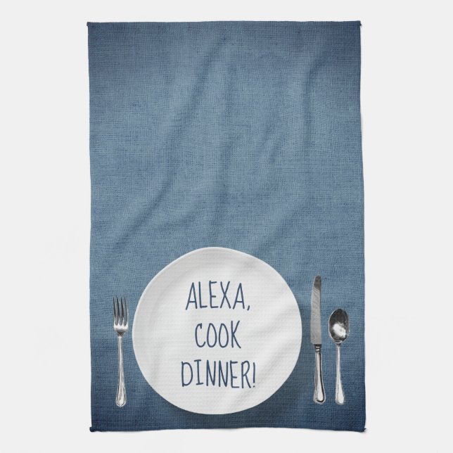 Linge De Cuisine Humour de commande Alexa sur denim blue (Vertical)