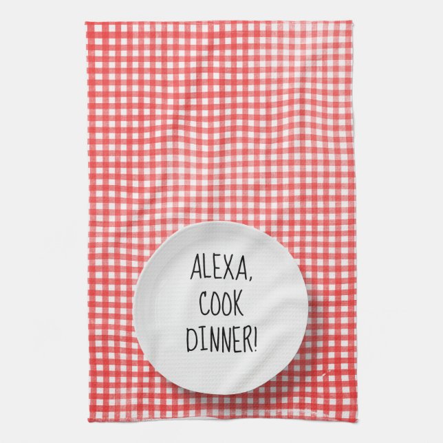 Linge De Cuisine Humour de commande Alexa sur en vichy rouge (Vertical)
