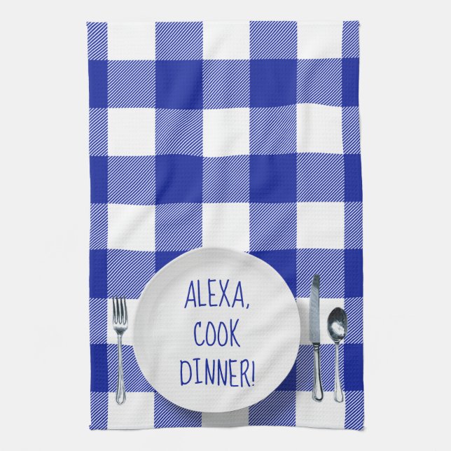 Linge De Cuisine Humour de la commande Alexa sur buffalo plaid (Vertical)