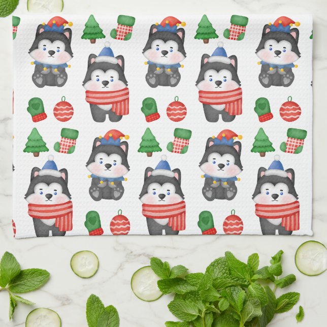 Linge De Cuisine Husky Puppy Chien Père Noël Festive Noël (Plié)