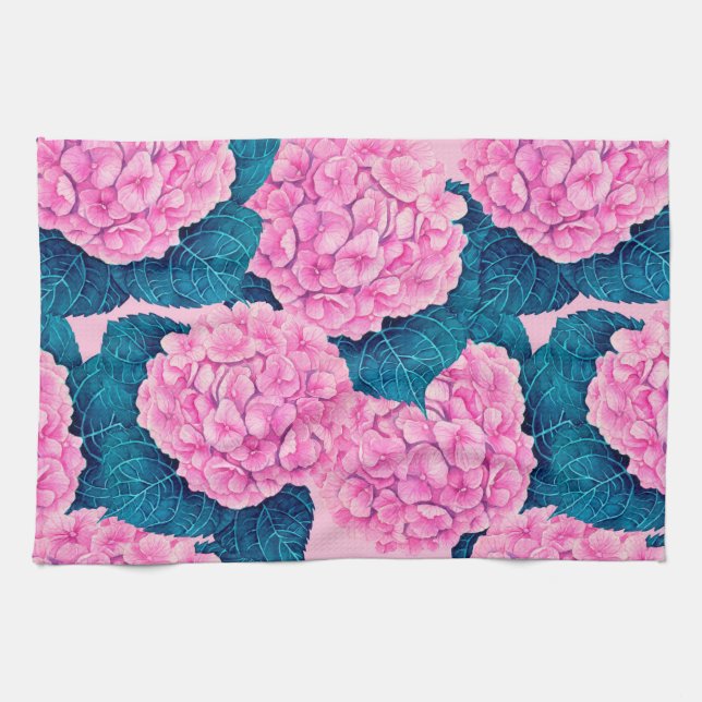 Linge De Cuisine Hydrangea aquarelle motif, rose et bleu (Horizontal)