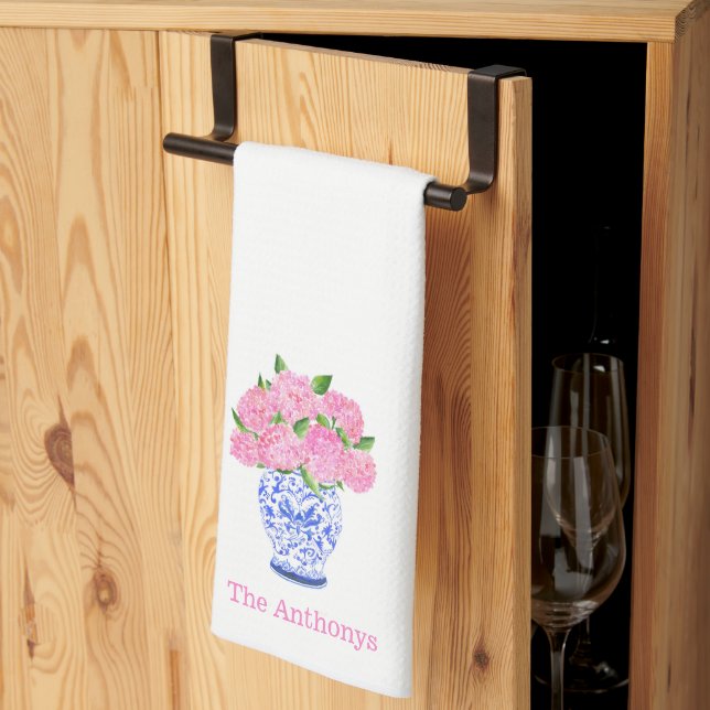 Linge De Cuisine Hydrangea Rose Clair Aquarelle Chinoiserie Personn (Pliage en tiers)