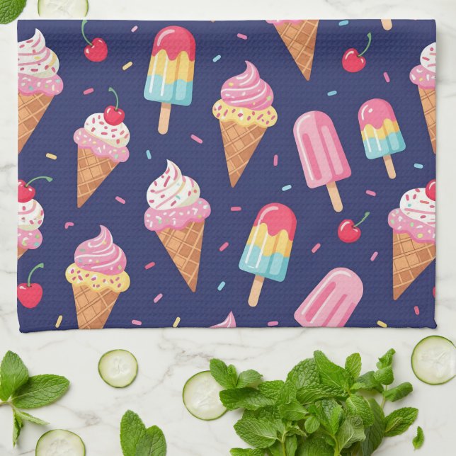 Linge De Cuisine Ice cream, popsicles and cherries pattern (Plié)