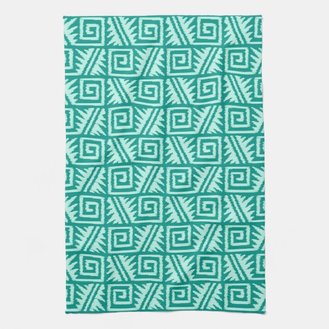 Linge De Cuisine Ikat Aztec Motif - Turquoise et Aqua (Vertical)