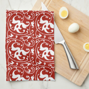 Linge De Cuisine Ikat Floral Damask - Rouge foncé et blanc