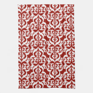 Linge De Cuisine Ikat Moorish Damask - rouge foncé et blanc