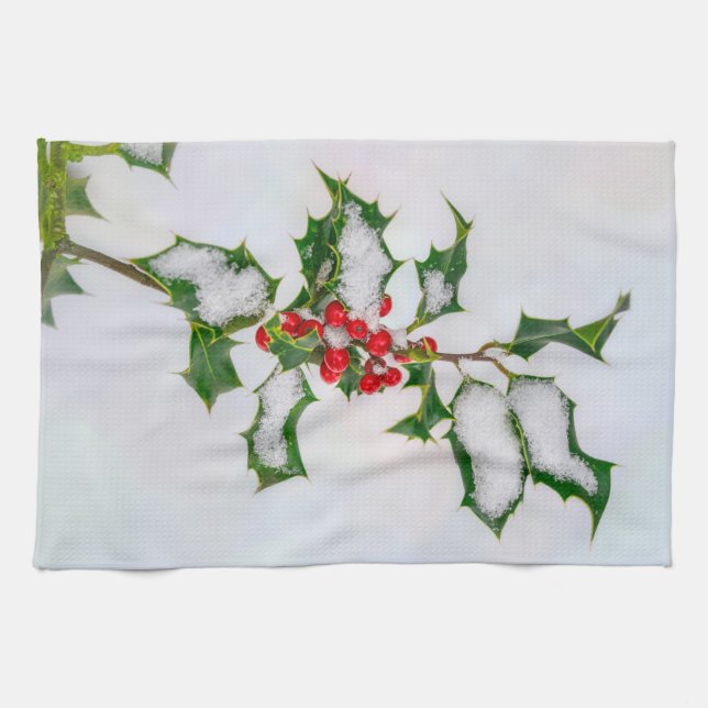 Linge De Cuisine Ilex Red Christmas Holly Berries in Winter Snow — (Horizontal)