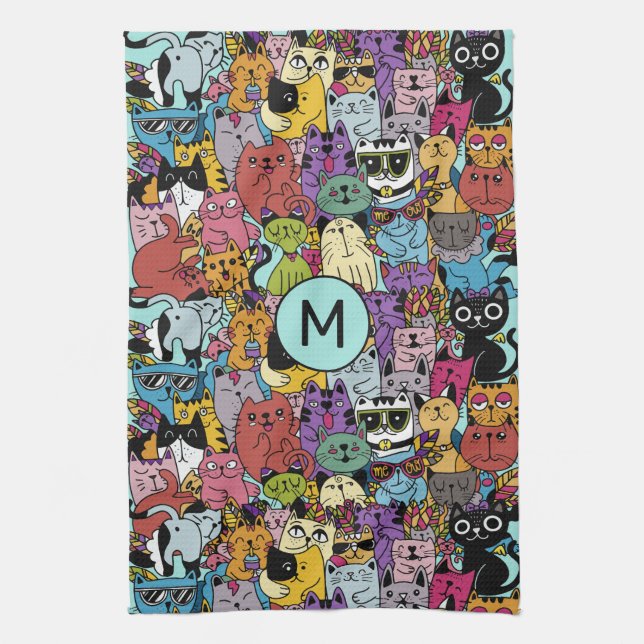 Linge De Cuisine Illustration de chats amusants Monogrammes personn (Vertical)