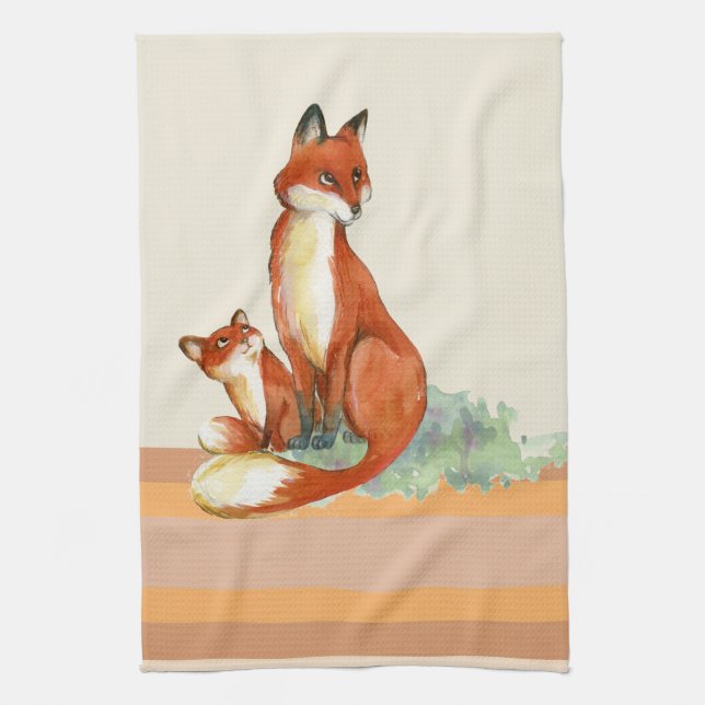 Linge De Cuisine Illustration de l'aquarelle Momma Fox et Baby (Vertical)