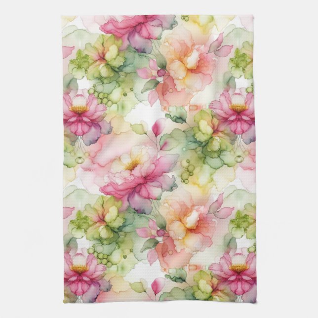 Linge De Cuisine Illustration de l'encre d'alcool des fleurs pastel (Vertical)