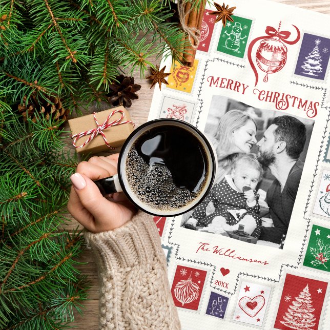 Linge De Cuisine Illustration de Noël par timbre rétro (Whimsical Retro Stamp Christmas Doodles Photo Kitchen Towel Holiday Season Gift Family Table Decor )