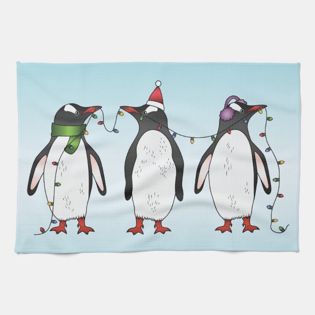 Linge De Cuisine Illustration de trois pingouins de Noël festifs (Horizontal)