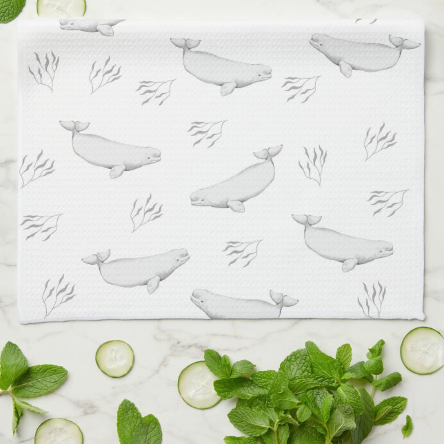 Linge De Cuisine Illustration Délicate Des Baleines Beluga Et Des M (Plié)