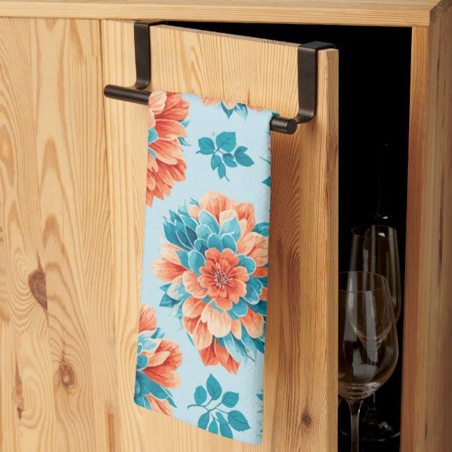 Linge De Cuisine Illustration florale bleu et orange (Pliage en tiers)