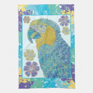 Linge De Cuisine Illustration florale de Macaw bleu jaune vibre
