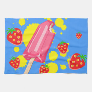 Linge De Cuisine Illustration Fun Pink Popsicle and Strawberries