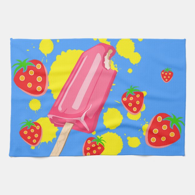 Linge De Cuisine Illustration Fun Pink Popsicle and Strawberries (Horizontal)