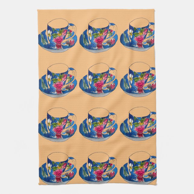 Linge De Cuisine illustration originale de l'aquarelle Teacups vint (Vertical)