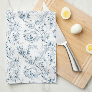 Linge De Cuisine Imaginaire Floral vintage gravé bleu toile