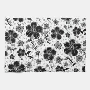 Linge De Cuisine Impression florale noire et blanche