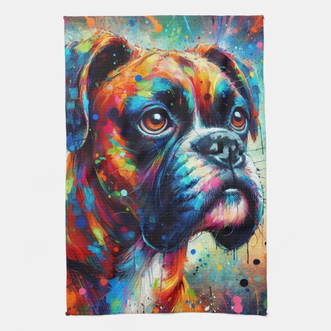 Linge De Cuisine Impressionniste Colorful Pop Art Boxer Chien Peint (Vertical)