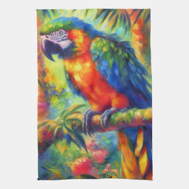 Linge De Cuisine Impressionniste perroquet tropical Oiseau bleu ver (Vertical)
