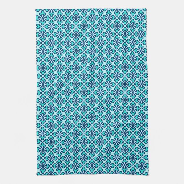 Linge De Cuisine imprimé kimono floral, turquoise, marine et aqua (Vertical)
