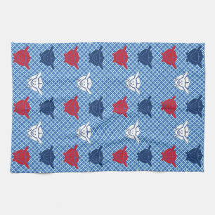 Linge De Cuisine imprimé lapin japonais, bleu avec rouge et blanc