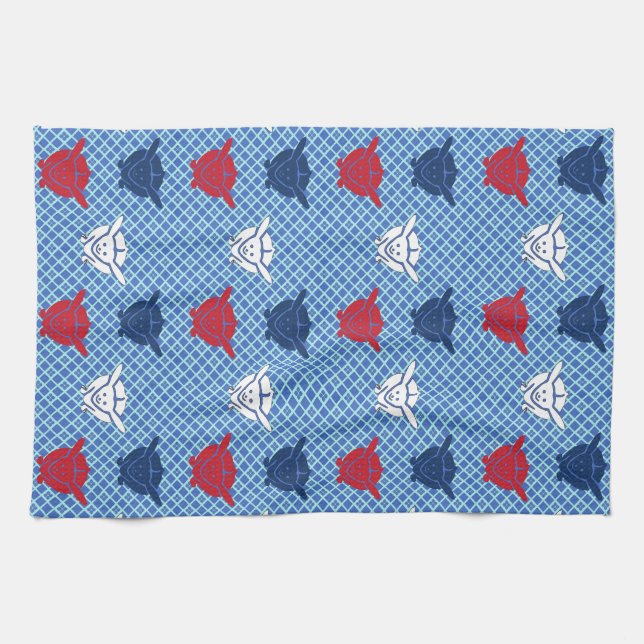 Linge De Cuisine imprimé lapin japonais, bleu avec rouge et blanc (Horizontal)