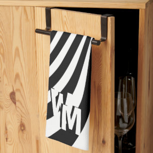 Linge De Cuisine Initiales de Motif noir psychédélique rétro